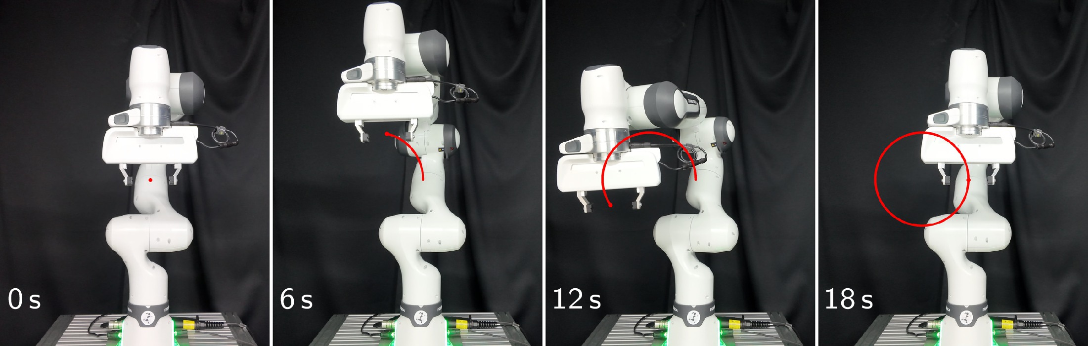 FR3 postures over one revolution under BK-MBD, executed tool path traced in red, completing the circle