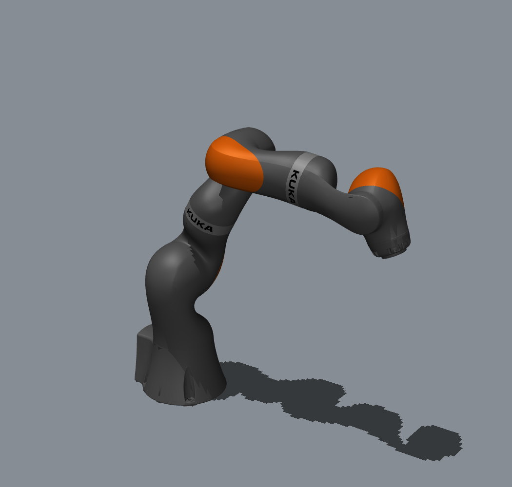 Native MuJoCo view of the KUKA LBR iiwa 14 at the home pose of the test bed.